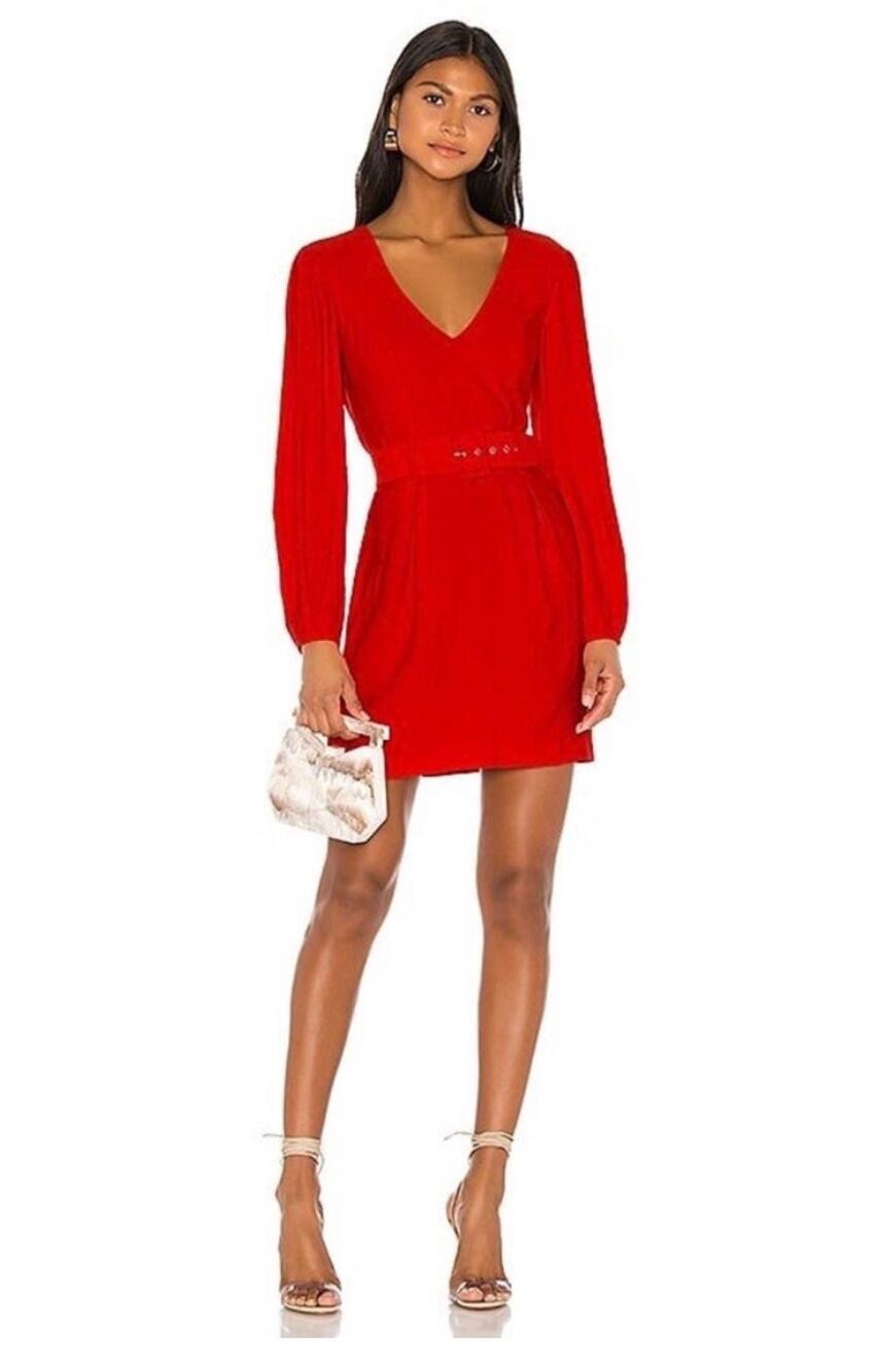 Bardot Red Power Sleeve Dress XS Size 4 Belted Mini V Neck Glam